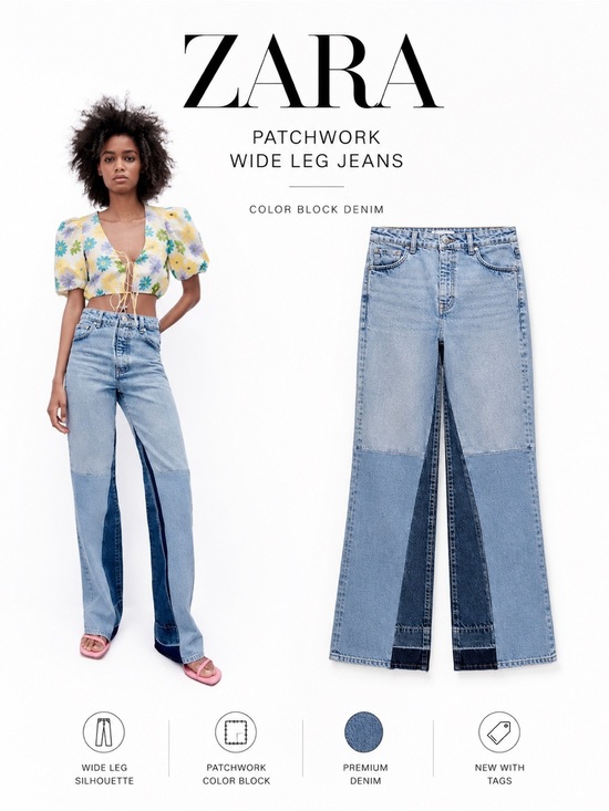 Zara Denim - ZARA Patchwork Wide Leg Jeans Color Block Blue NWT Size 0 (24)